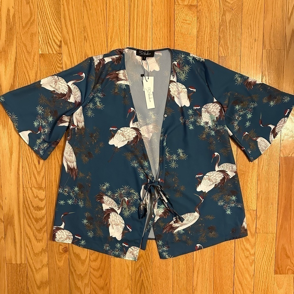 RD & Koko Kimono Cardigan Silk Feel Turquoise Blue Cranes Sz S New